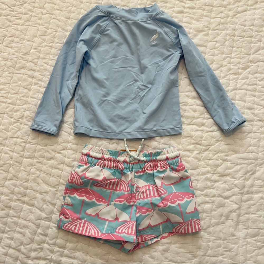 The Beaufort Bonnet Company Blue Rash Guard and Pink Umbrella Swim Shorts